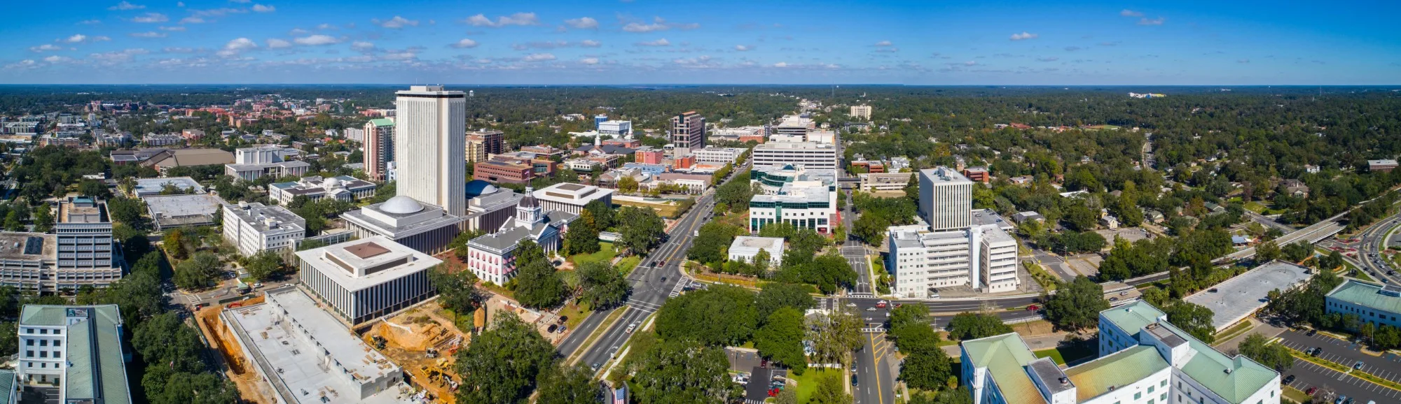 Aerial panorama of the Florida State Capitol complex and downtown Tallahassee
